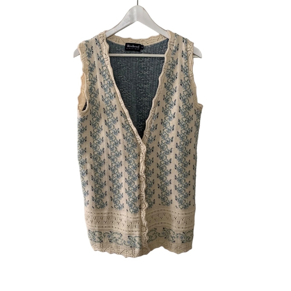 Vintage Women’s Small Knit Sweater Vest Cream & Blue Botanical Pattern V Neck